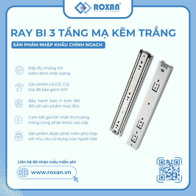 RAY BI 3 TẦNG BẢN 42-45MM INOX 304 CHÍNH HÃNG